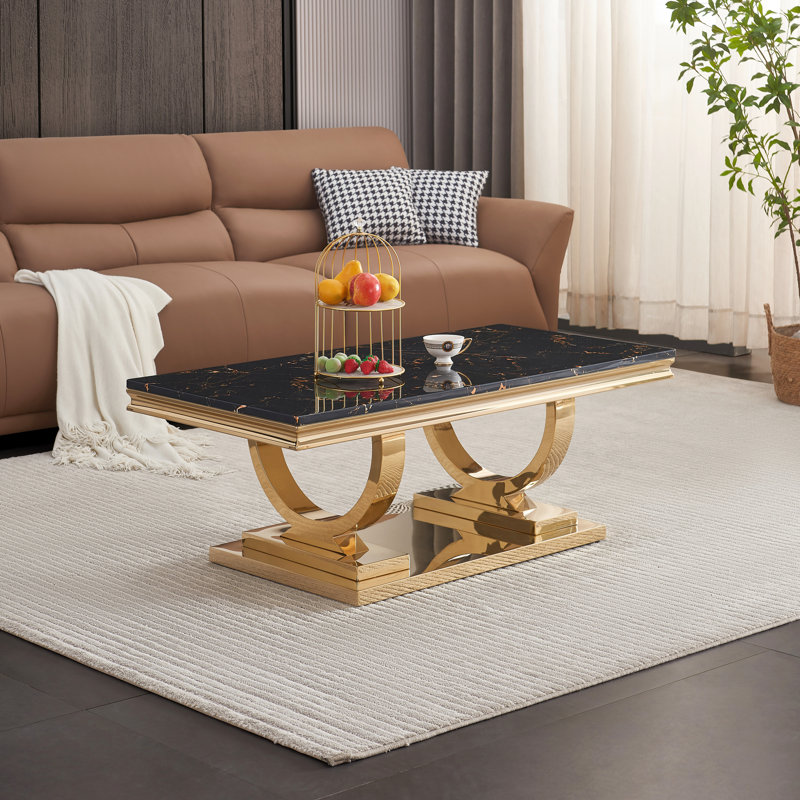 Skailar Pedestal Coffee Table,Faux Marble Top Metal Base, Black, Gold