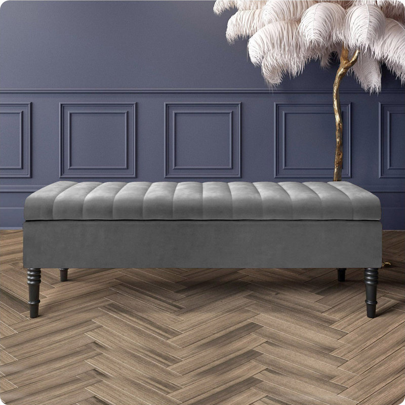Safar Striped Ottoman Storage Bench – Upholstery Plush Velvet Shoe Bench with Black Turned Wooden Legs, Grey