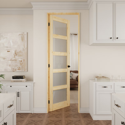 Porte intérieure en bois de pin et verre givré 5-Lite, porte pré-suspendue en bois massif naturel Colonial, avec joint de porte, bande d'étanchéité, ouverture à gauche, charnières noires et poignée ronde, porte non finie et à peindre, pour garde-manger, chambre à coucher, salle de bain et garde-robe, 24 po x 80 po