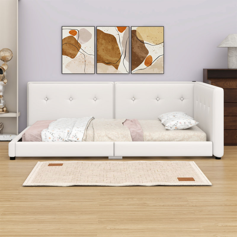 Upholstered Platform Bed With USB Ports, Beige