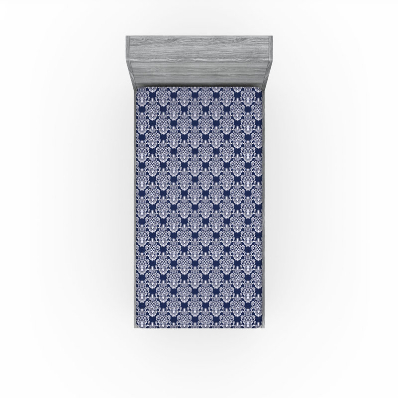 Ambesonne Fitted Sheet 2-Pack, Dark Blue/White Damask, Twin XL Fitted Sheet