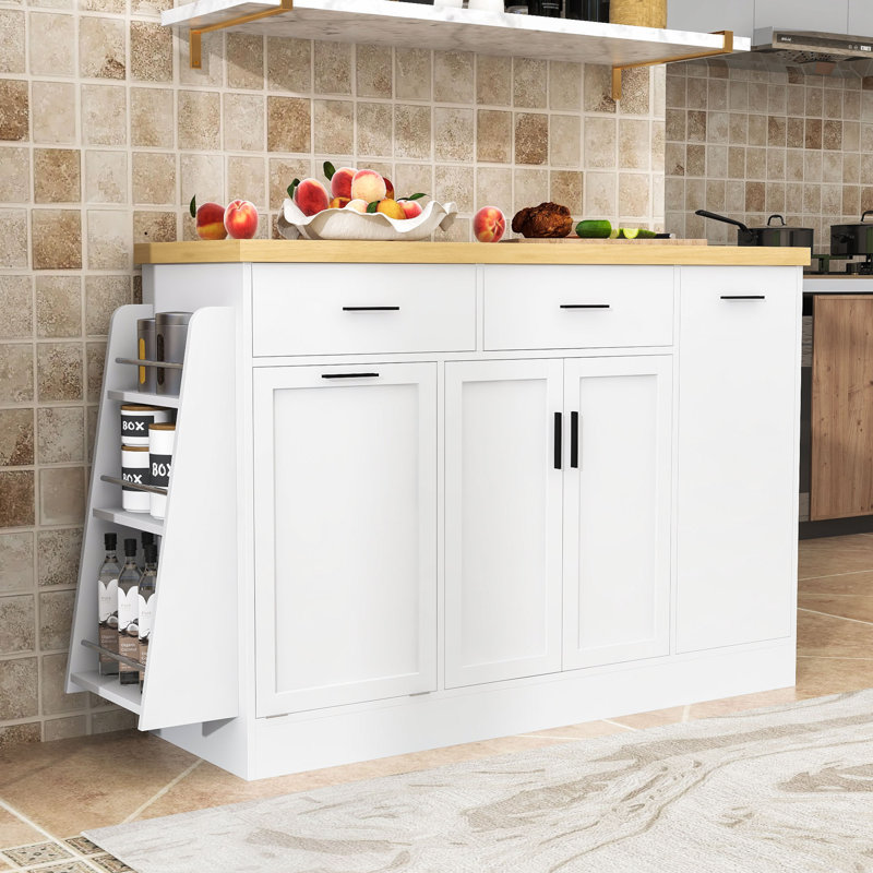 Multi-Functional Kitchen Island with Hidden Trash Cabinet, Storage Cabinet and 3-Tier Spice Rack, White