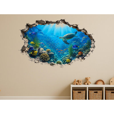 Aquarium 3D Wall Sticker, Peel and Stick Ocean Reef Decal with Sea Turtle and Tropical Fish for Kids Room Decor, 24"W x 16"H (61 x 41 cm)