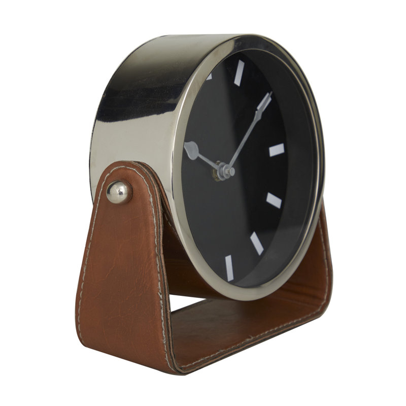 Horloge décorative en acier inoxydable avec support en cuir, H 7,15 po x l 7,30 po x P 3,15 po, Argent