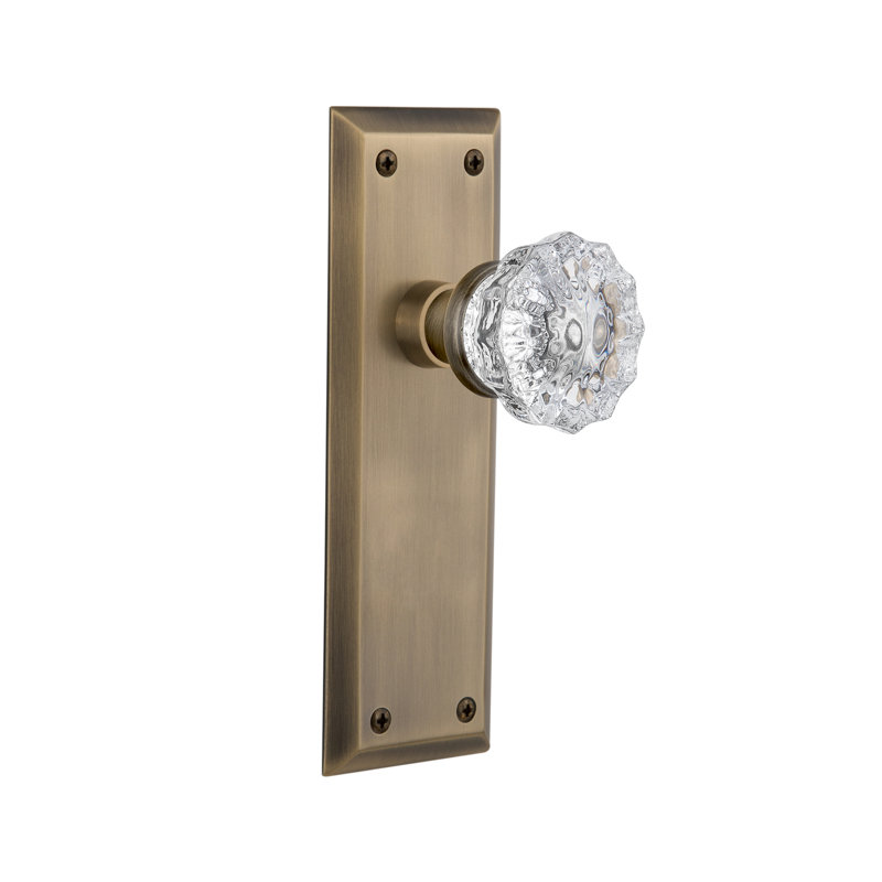 New York Plate with Crystal Door Knob, Antique Brass, 2-3/8”