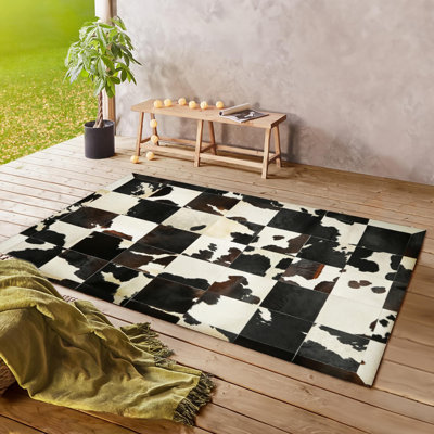 Tricolor Natural Cowhide Patchwork Rug - Genuine Leather Area Rugfor Living Room, Bedroom - Multisize Floor Carpet
