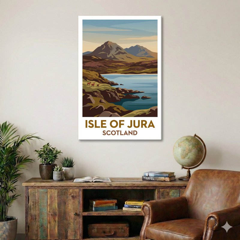 Isle of Jura, Scotland - Romantic Hebridean Escape Travel Poster. Giclee Print on Wrapped Canvas. Wall Art, Home Decor - Natural Landmarks, Scotland 1 Piece Wrapped Canvas Wall Art