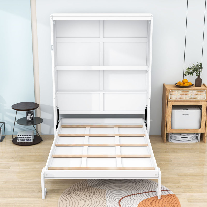 Lit escamotable double avec tablettes intégrées, mécanisme de levage à double piston, Blanc