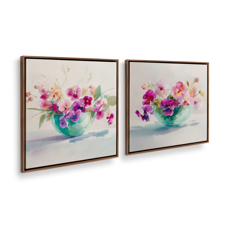 «Blossoms in Glass», ensemble de 2 impressions, 16 po x 16 po, Cadre flottant en noyer