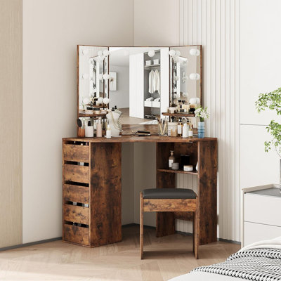 Ensemble de coiffeuse d'angle avec miroir DEL et prise de courant - 5 tiroirs, tabouret, 3 modes d'éclairage - Bureau de maquillage pour femme