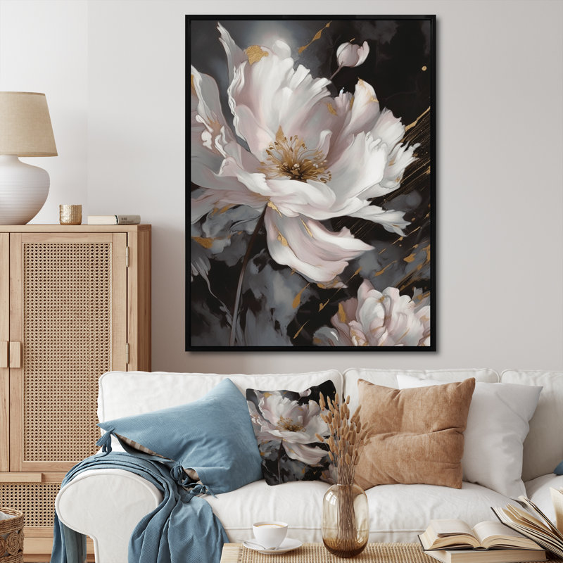 Marguerite blanche et dorée symphonie II - impression, H 20 po x l 12 po x P 1 po, Cadre flottant noir