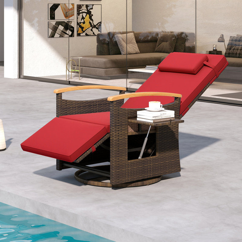 Set Of 2 Outdoor 360° Swivel Rattan Recliner Chair Patio Wicker Chaise Lounge Chair Red, Red