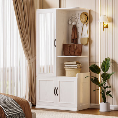 70"h Freestanding Armoire Wardrobe, 3-door Wardrobe Closet With Full-length Mirror & Pegboard, White by Ophelia & Co.