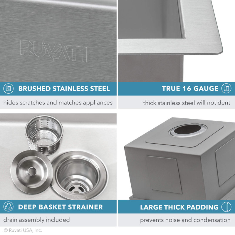 Roma Workstation 15" L x 15" W Drop-in Bar Sink, Silver, 15" L x 15" W