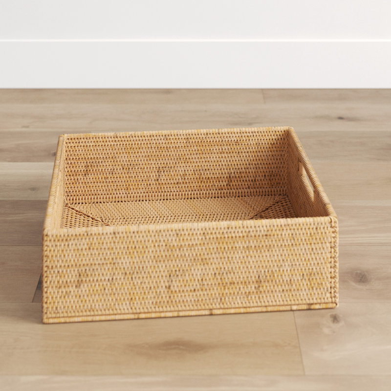Honey Brown Rectangular Rattan Storage Basket with Cutout Handles