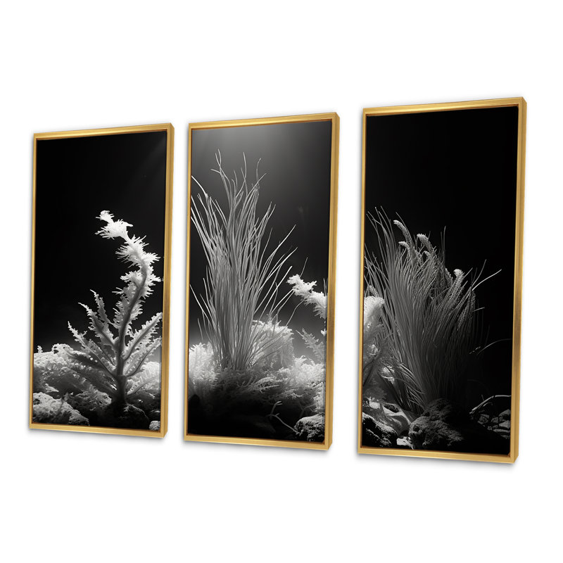 «Black and White Underwater Silent Flow I» - ensemble d'impression d'art mural corail sous l'eau, Cadre flottant doré