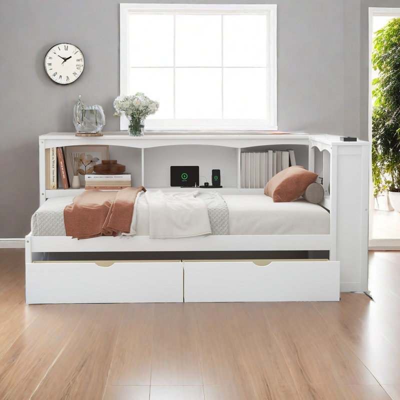 Twin Size Daybed With Two Storage Drawers, Storage Cabinets And USB Ports, White