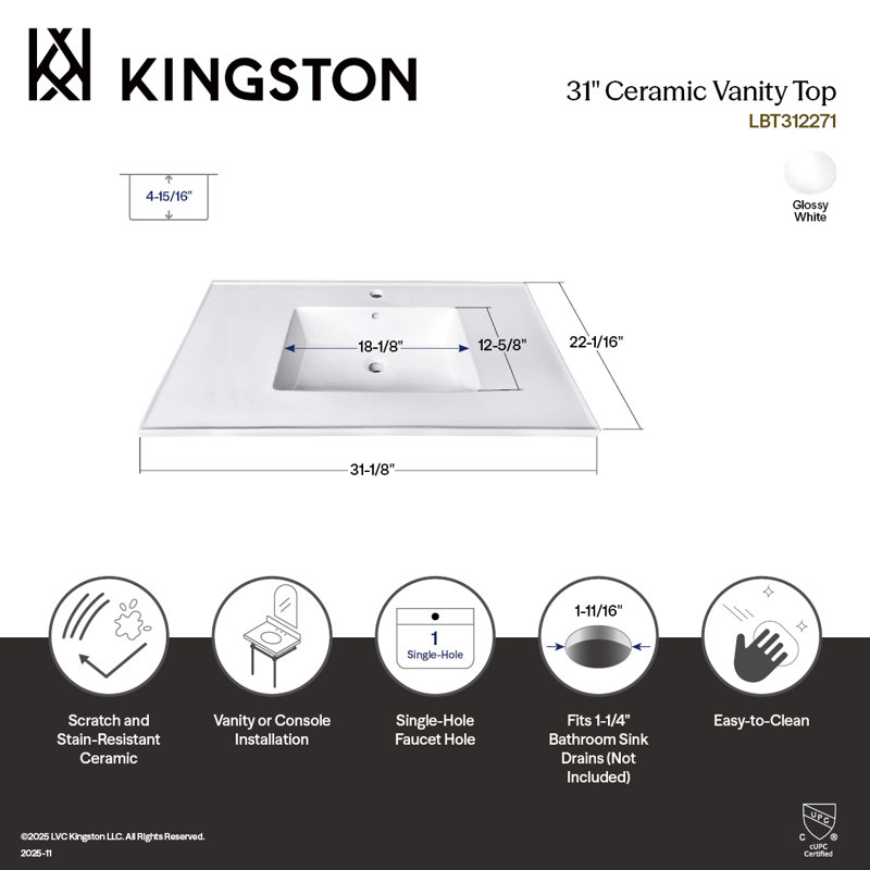 Kingston Brass Continental 31-Inch Ceramic Vanity Sink Top, Single