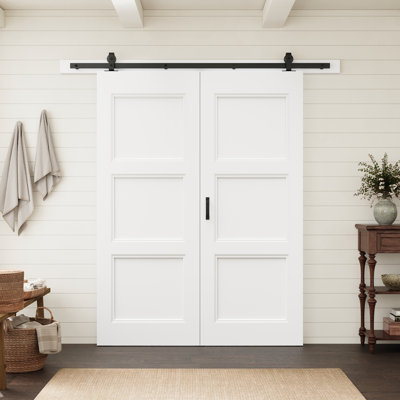 60"x80" 3-Paneled Interior Morden Recessed White Primed Solid Manufactured Wood Standard Door With Bifold Barn Doors Hardware Kit Suitable For Bedroom,Living Room