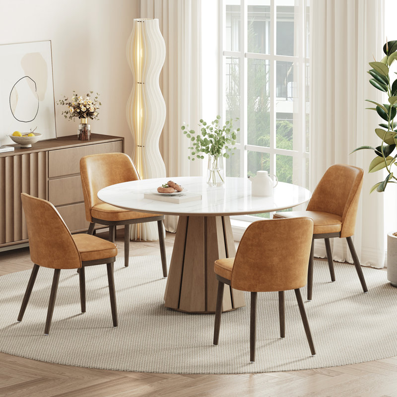 Chaise de salle à manger rembourrée moderne avec dossier courbé et pieds en bois massif, Marron clair
