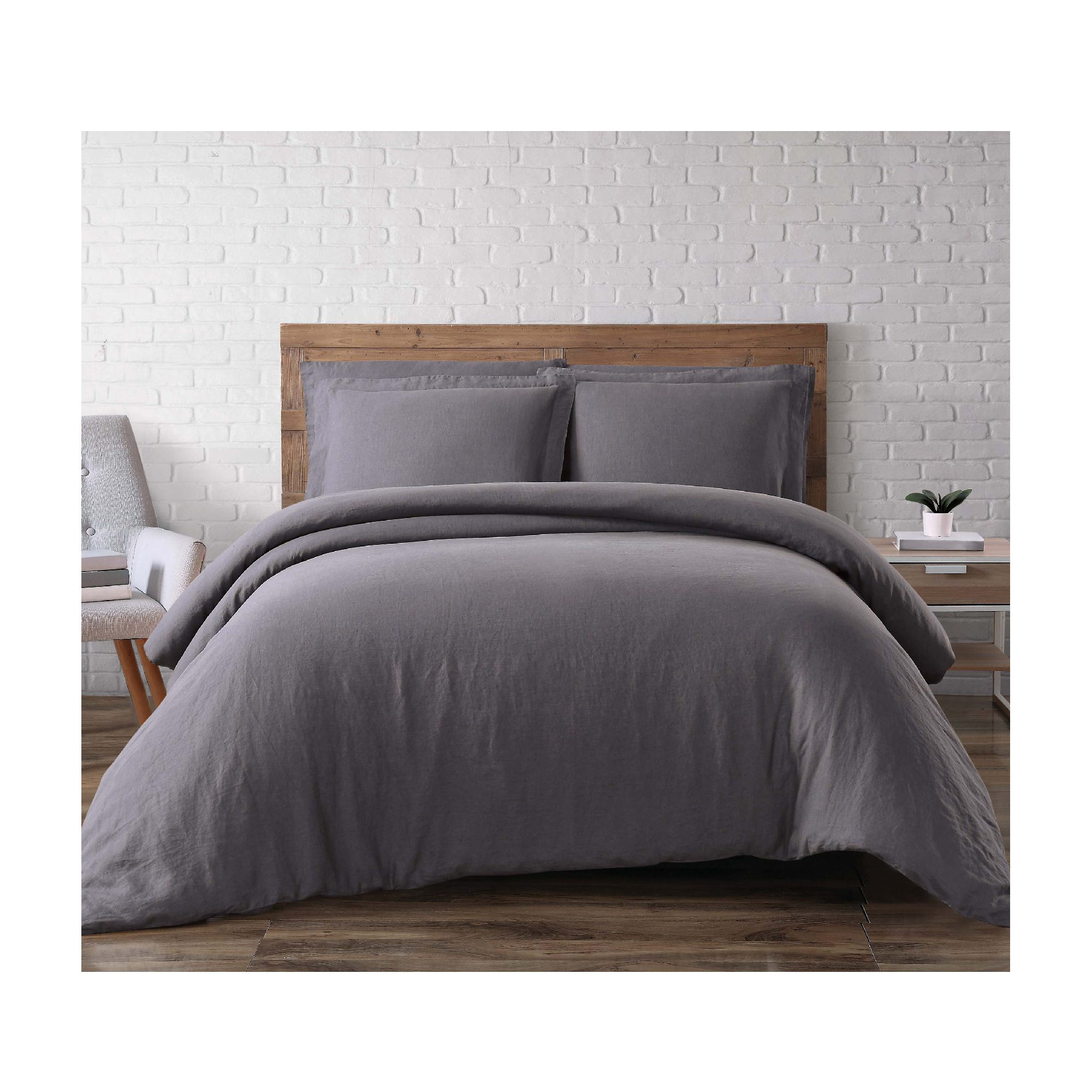 Nena 100% Linen Percale Duvet Cover Set, Full / Queen, Charcoal