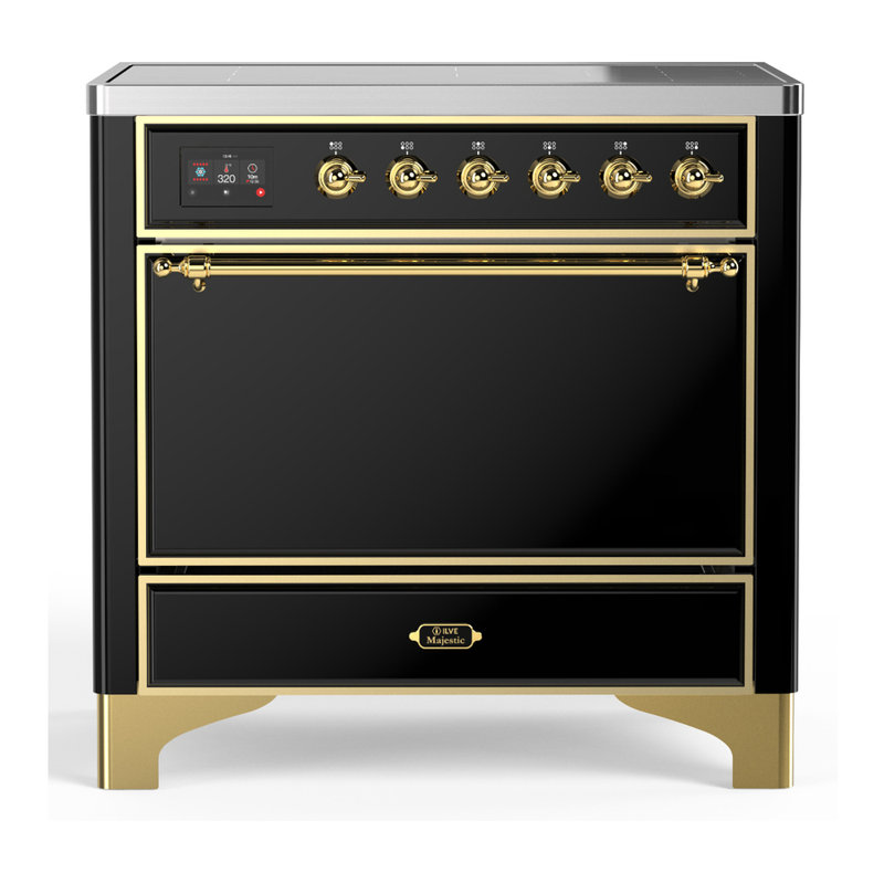 Cuisinière à induction 36 pouces avec 6 éléments à induction en noir brillant (garniture laiton) de la série Majestic III