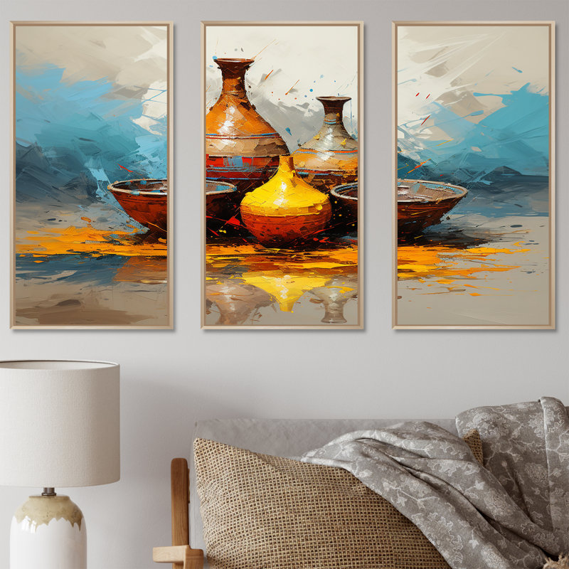 Jaune Boho Pottery Design - Boho Pottery, art mural, H 40 po x l 60 po x P 1 po, Cadre flottant brun
