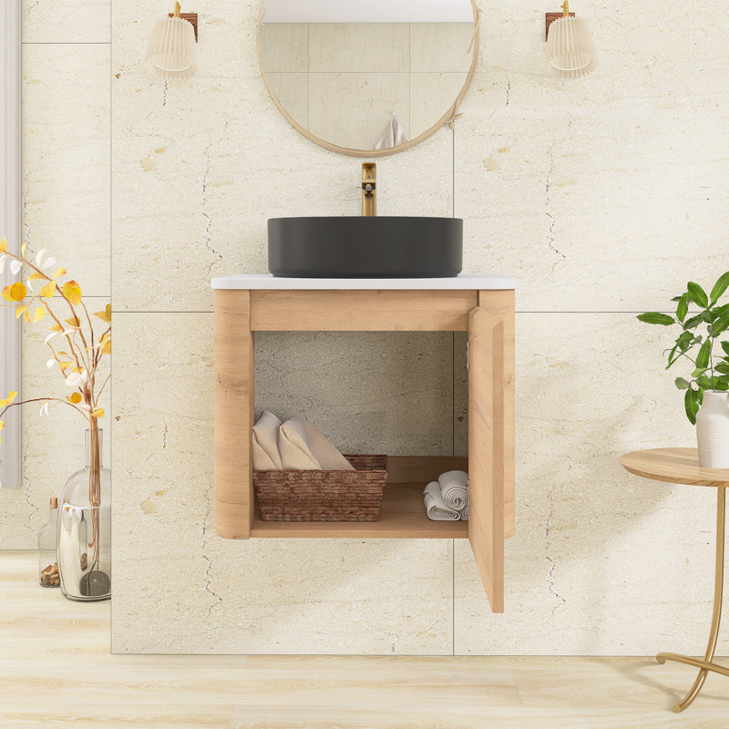 Meuble-lavabo mural simple 23,6 po avec dessus en pierre reconstituée, Imitative Oak