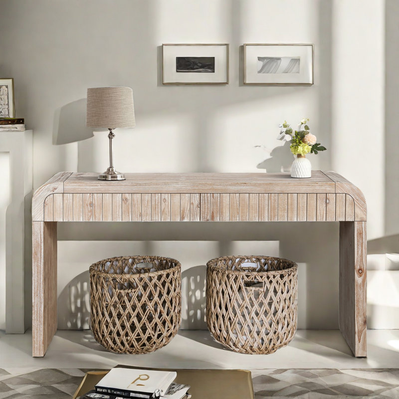 Minelba Farmhouse Console Table with Two Hidden Handle Drawers and Curved Edge