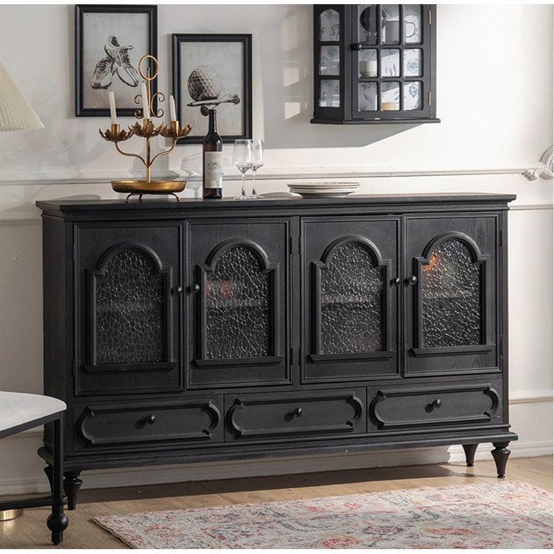 Mid-Century Style Solid Wood Tempered Glass Sideboard