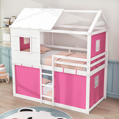 Wooden Bunk Bed With Roof, Tent And Guardrails