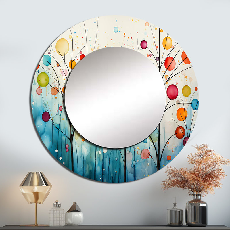 Teal Mid Century Retro Reflections - miroir moderne Mid-Century, miroir mural rond bleu sarcelle unique, impression d'art en métal