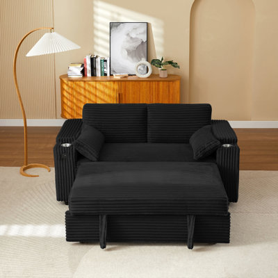 Canapé-lit noir avec causeuse avec accoudoirs de rangement, port USB