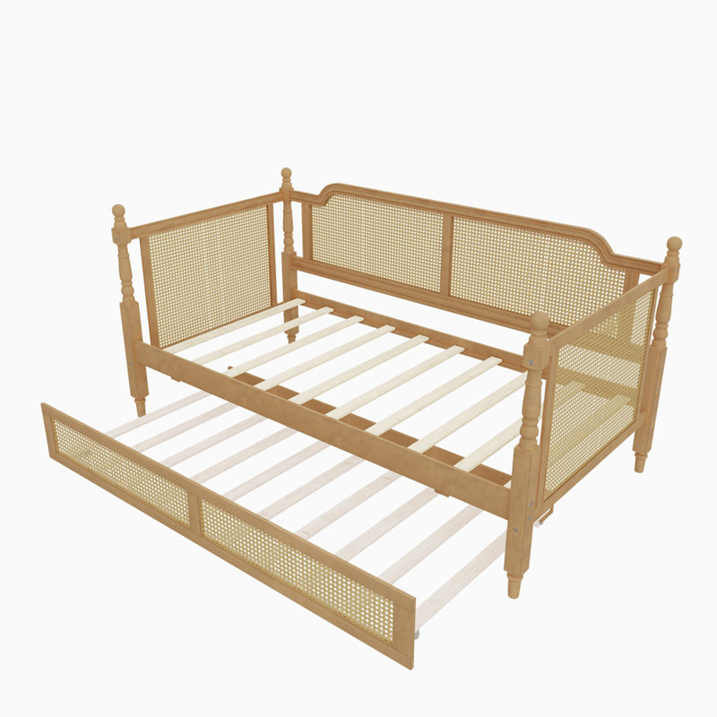 Traditional Style Rattan Daybed with Twin Size Trundle for Limited Space, Guest Room, No Box Spring Needed, Twin