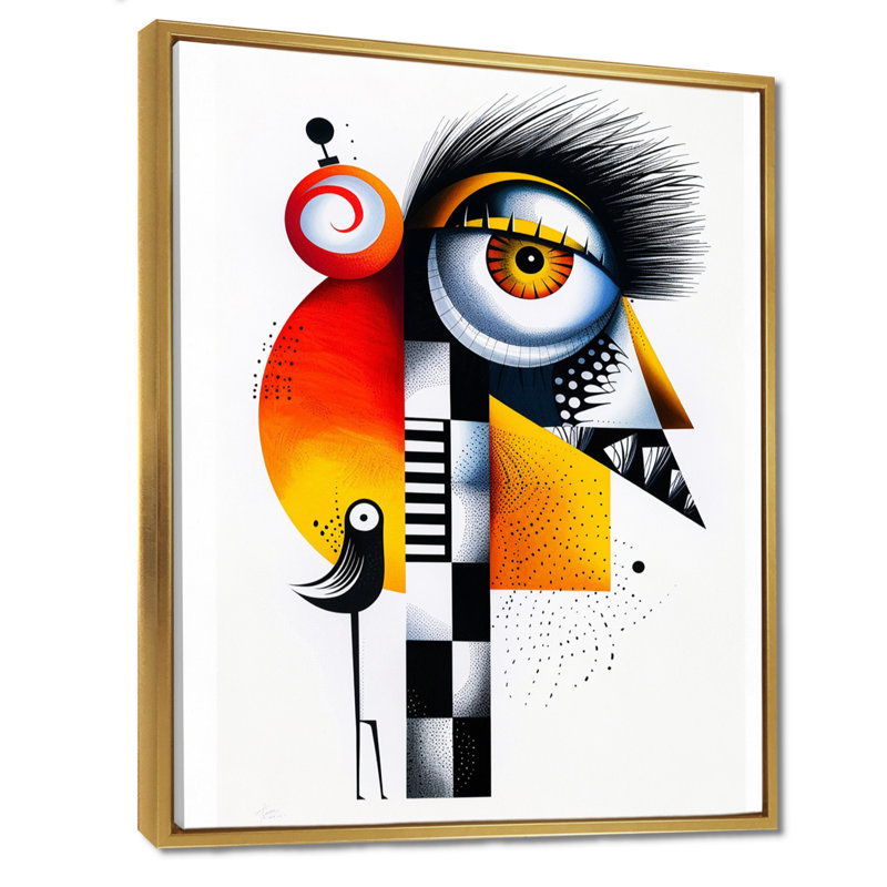 Décoration murale étrange créature amicale avec oiseau, Cadre flottant doré, H 32 po x l 24 po x P 1 po