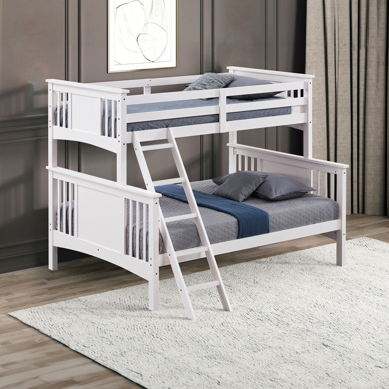 Lit superposé simple au-dessus d'un lit double au fini blanc avec style transitionnel, angle, bois massif et bois d'ingénierie, joint de serrure pour configuration de chambre à coucher avec raccord d'insertion