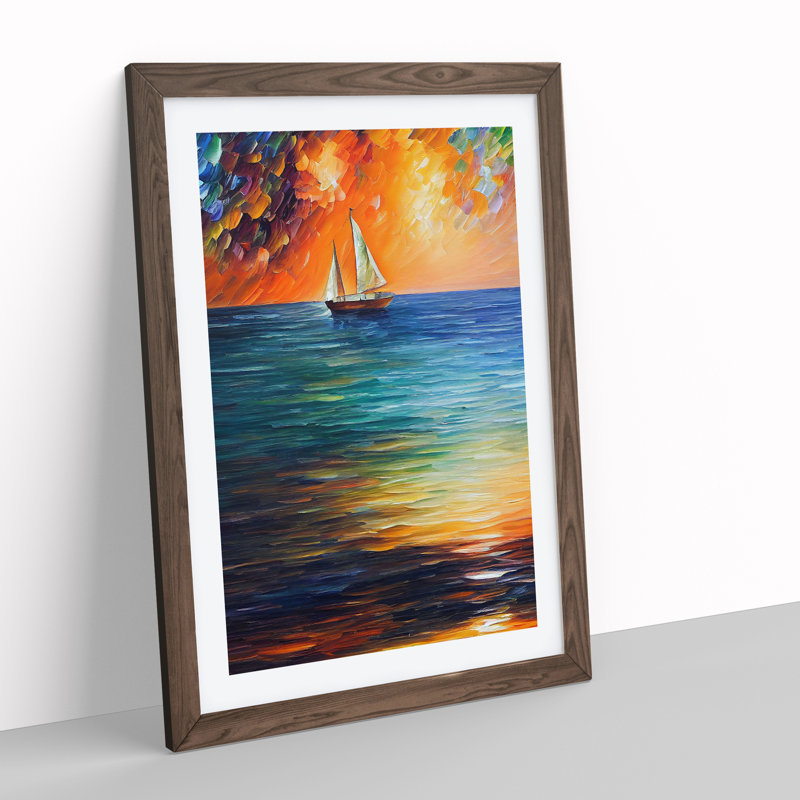 Boat At Sunset No.1 - Painting, 66cm H x 48cm W x 2cm D, Walnut Framed, White