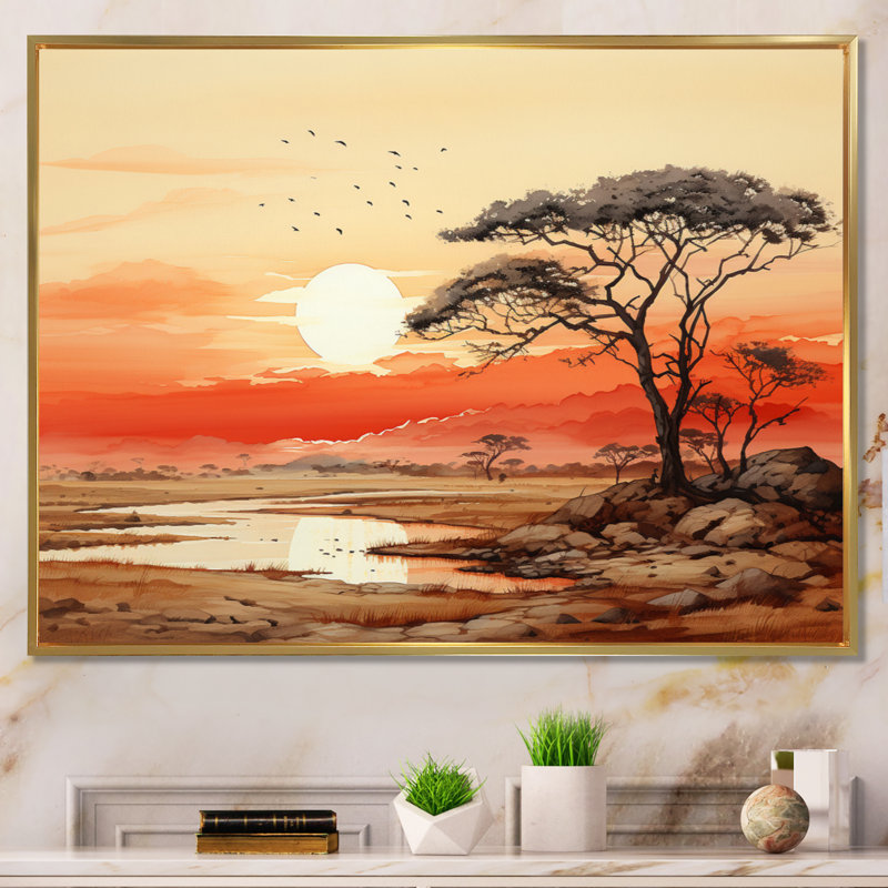 Orange, jaune, paysage africain, impressions sur toile, H 12 po x l 20 po x P 1 po, Cadre flottant doré