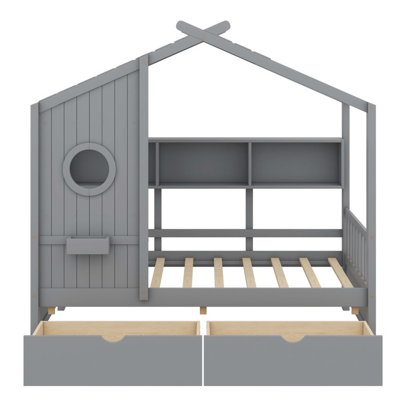 A Wooden House Bed With Two Drawers, Designed As A Kids' Bed Featuring A Storage Shelf, Gray, Twin