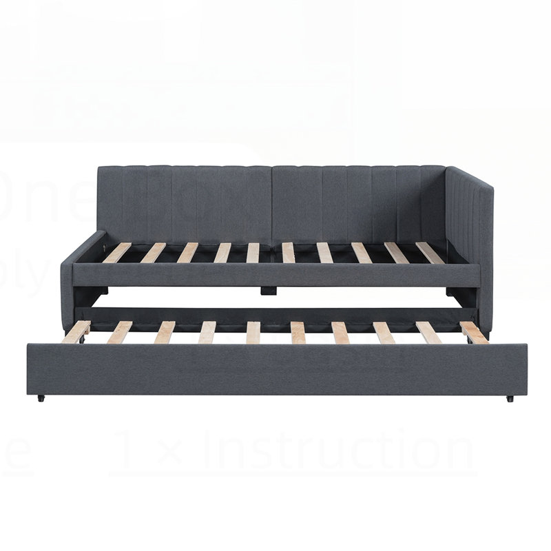 Upholstered Daybed with Trundle, No Box Spring Needed, Linen Fabric, Space-Saving and Durable, Gray