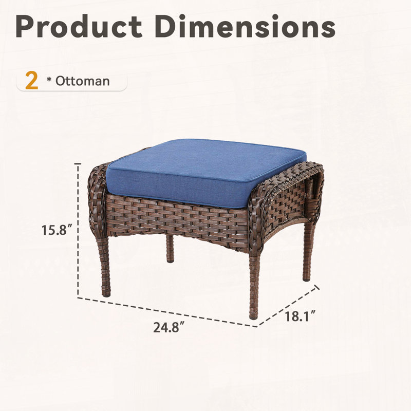 Ensemble de 2 repose-pieds d'extérieur en osier avec coussins moelleux, Coussin bleu / cadre brun