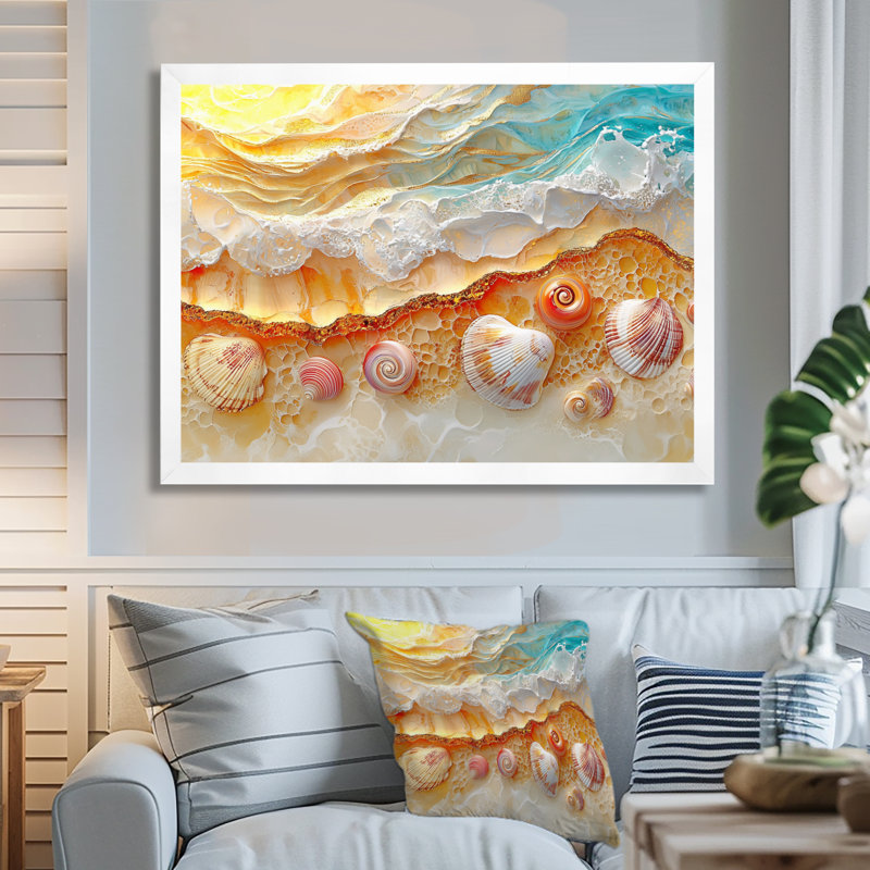 Abstrait coquillage et plage vue aérienne I - art mural sur toile bord de mer, H 30 po x l 40 po, Avec cadre, Blanc