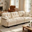 Canapé modulaire en chenille nuage, siège profond capitonné avec garniture pompon et 4 coussins décoratifs-131210486
