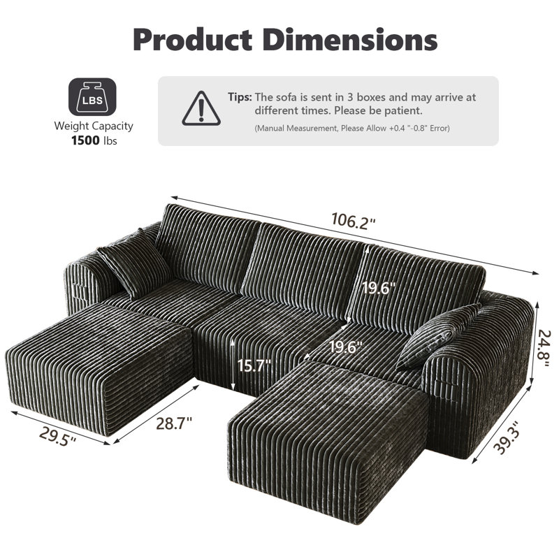 5 - Piece 106.2" W U Shape Sectional Sofa, Cloud Modular Sectional Sofa, Deep Seat Corduroy Boneless With Ottomans, No Need Assembly