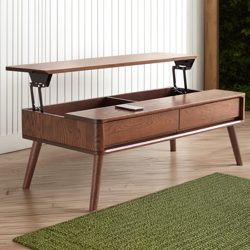 Table centrale relevable de couleur noyer, plateau 100% chêne massif, dimensions 120 x 65 x 45 cm (largeur x profondeur x hauteur), combine les fonctions de bureau et de table basse, convient au bureau à domicile, avec des tablettes de rangement et un assemblage facile