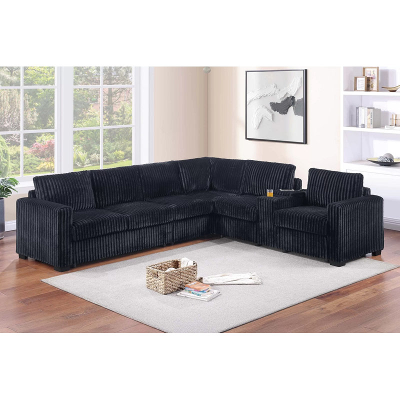 Fairford 4-piece Black Jumbo Corduroy Sectional With Usb Console, Black Corduroy