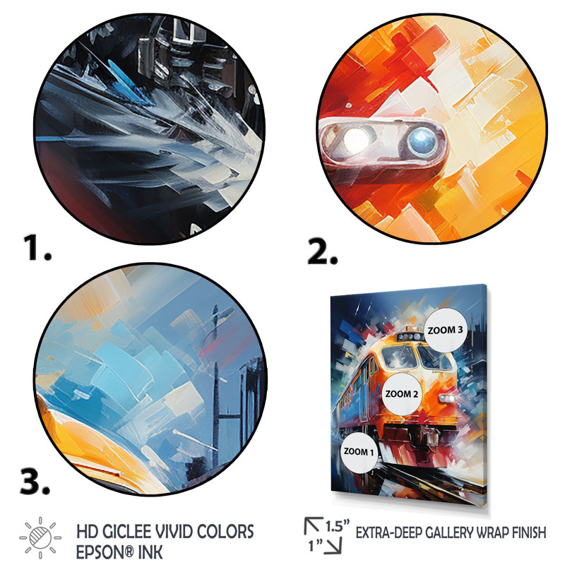 Abstrait train vibrant mouvement III - art mural moderne sur toile, Encadrement doré, H 32 po x l 24 po x P 1 po