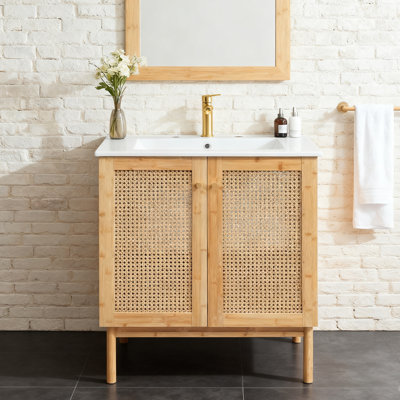 Fiest 30" Bathroom Vanity with Rattan Door Ceramic Sink Storage Cabinet