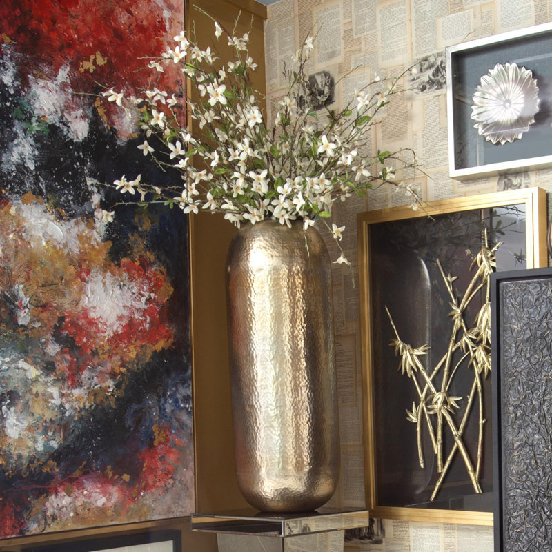 Fonseca Oversized Metal Cylinder Hammered Floor Vase, 32" H x 11.5" W x 11.5" D, Champagne Silver