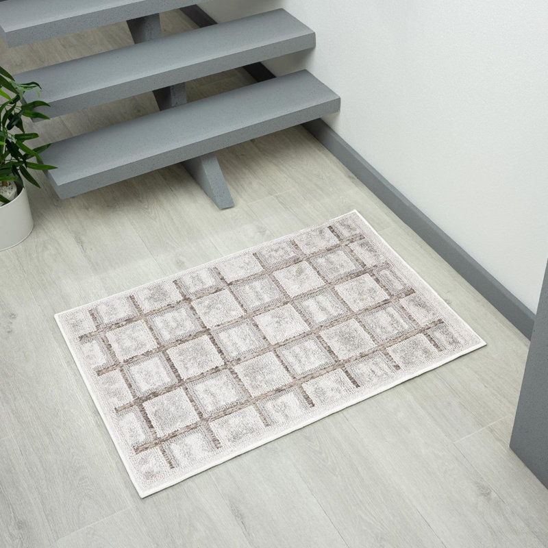 Modern Geometric Grid Area Rug, Mushroom, 2x3